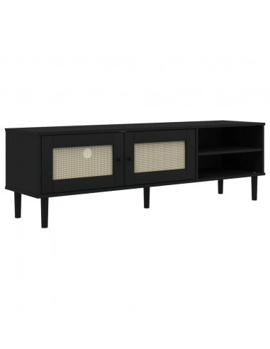 Mobile TV SENJA Aspetto Rattan Nero 158x40x49 cm Massello Pino