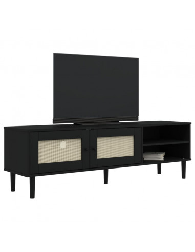 Mobile TV SENJA Aspetto Rattan Nero 158x40x49 cm Massello Pino