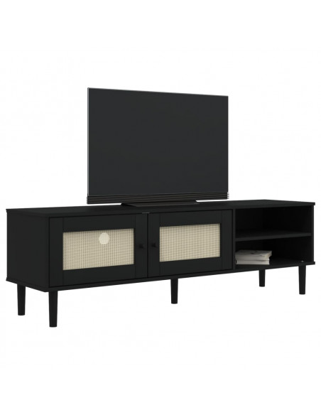 Mobile TV SENJA Aspetto Rattan Nero 158x40x49 cm Massello Pino