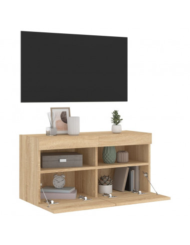 Mobile TV a Parete con Luci LED Rovere Sonoma 80x30x40 cm