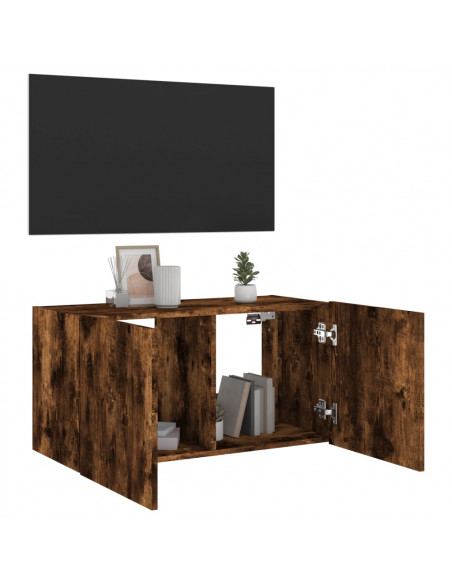 Mobile TV a Parete con Luci LED Rovere Fumo 80x35x41 cm