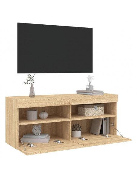 Mobile TV a Parete con Luci LED Rovere Sonoma 100x30x40 cm