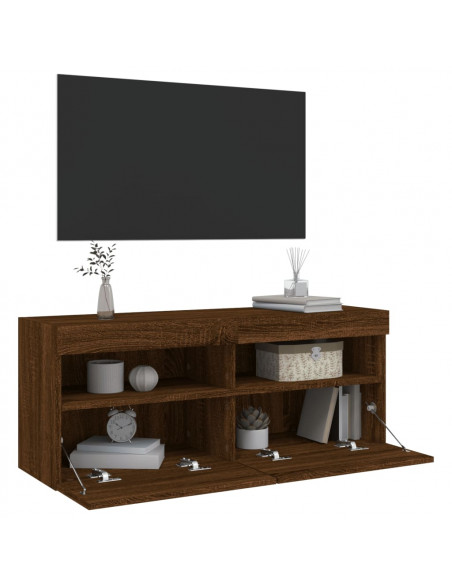 Mobile TV a Parete con Luci LED Rovere Marrone 100x30x40 cm