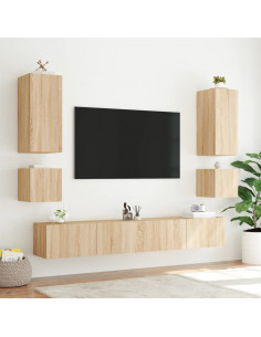 Mobile TV a Parete con Luci LED Rovere Sonoma 100x35x31 cm 2