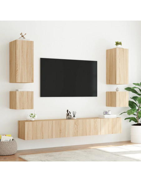 Mobile TV a Parete con Luci LED Rovere Sonoma 100x35x31 cm
