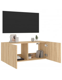 Mobile TV a Parete con Luci LED Rovere Sonoma 100x35x41 cm 2