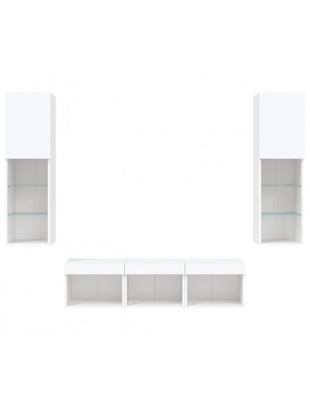Mobili TV a Muro con LED 5pz Bianchi in Legno Multistrato