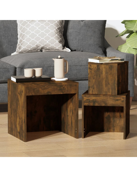 Tavolini Impilabili 3 pz Rovere Fumo in Legno Multistrato