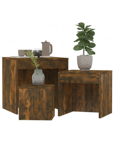 Tavolini Impilabili 3 pz Rovere Fumo in Legno Multistrato