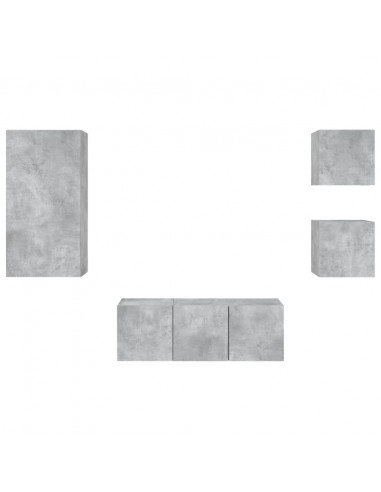 Mobili TV a Muro con LED 5pz Grigio Cemento Legno Multistrato