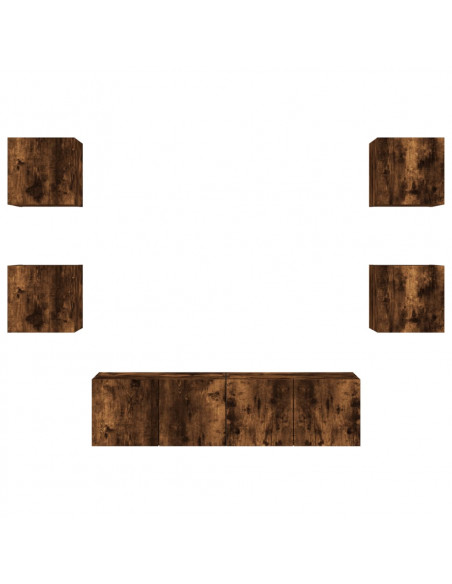 Mobili TV a Muro con LED 6pz Rovere Fumo in Legno Multistrato