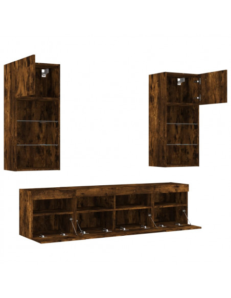 Mobili TV a Muro con LED 5pz Rovere Fumo in Legno Multistrato
