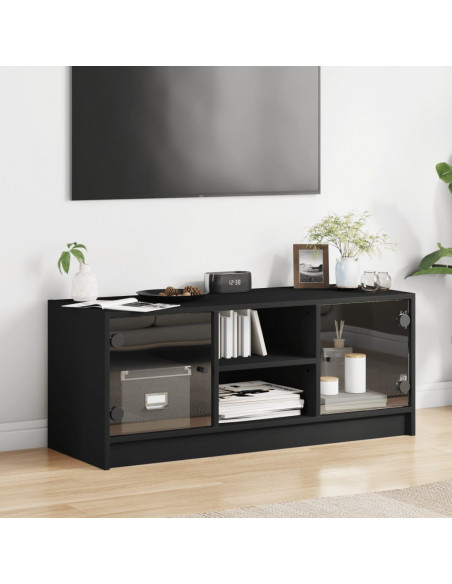 Mobile Porta TV con Ante in Vetro Nero 102x37x42 cm