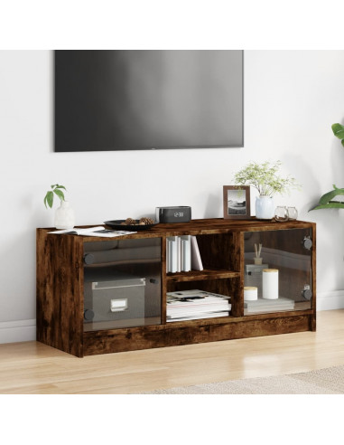 Mobile Porta TV con Ante in Vetro Rovere Fumo 102x37x42 cm