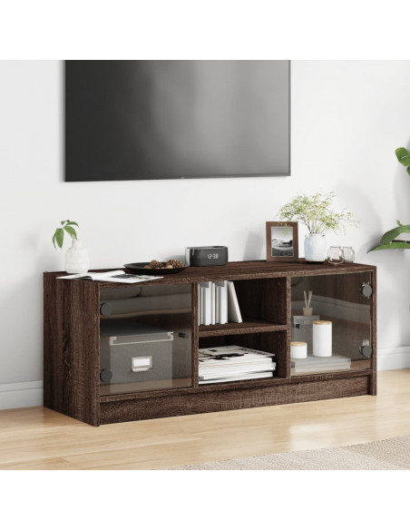 Mobile Porta TV con Ante in Vetro Rovere Marrone 102x37x42 cm