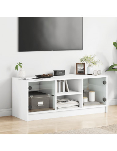 Mobile Porta TV con Ante in Vetro Bianco 102x37x42 cm