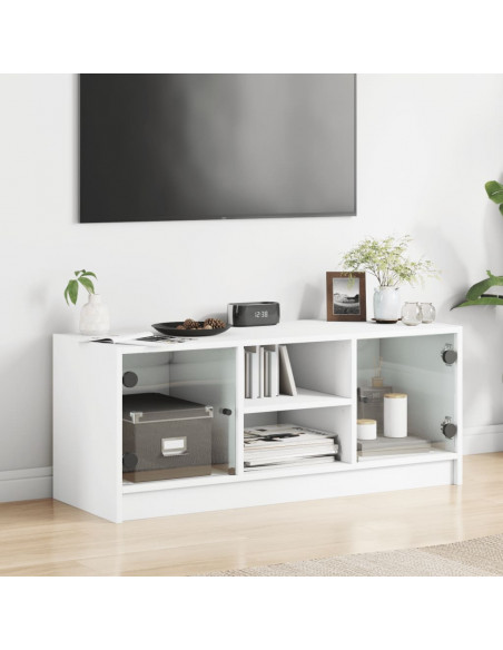Mobile Porta TV con Ante in Vetro Bianco 102x37x42 cm