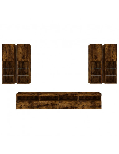 Set Mobili TV a Muro 7 pz con Luci LED Rovere Fumo