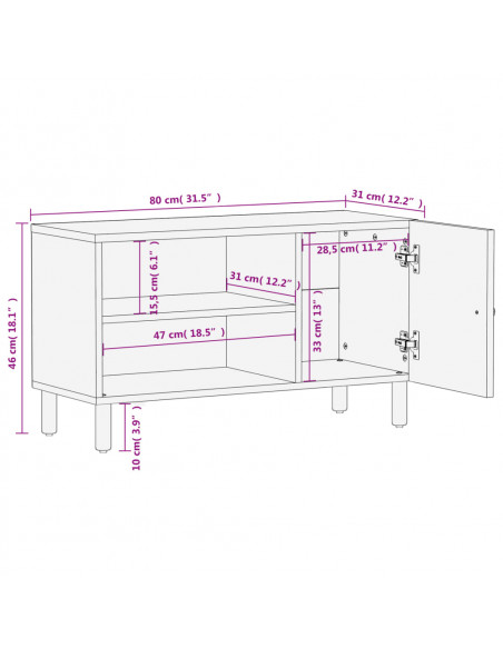 Mobile Porta TV Nero 80x31x46 cm in Legno Massello di Mango