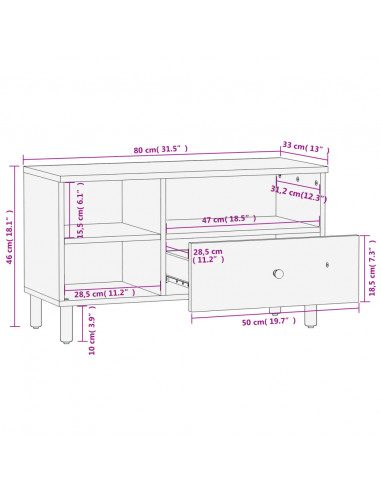 Mobile Porta TV Nero 80x33x46 cm in Legno Massello di Mango