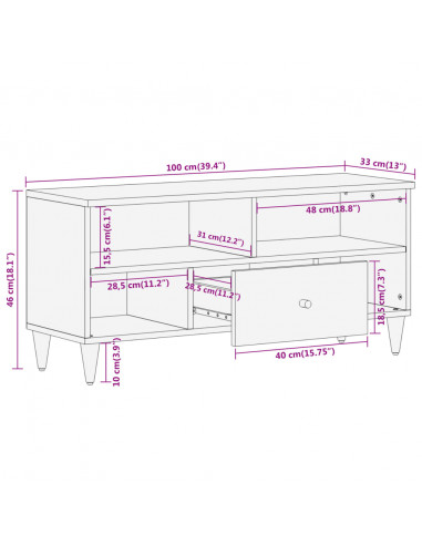 Mobile Porta TV 100x33x46 cm in Legno Massello di Mango
