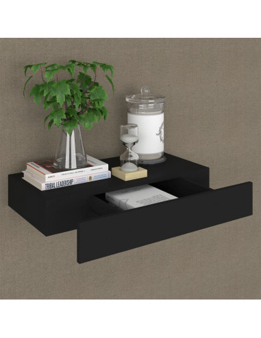 Mensola a Muro Galleggianti con Cassetto Nera 48x25x8 cm