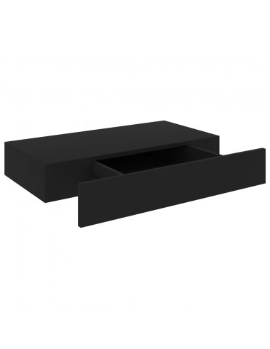 Mensola a Muro Galleggianti con Cassetto Nera 48x25x8 cm