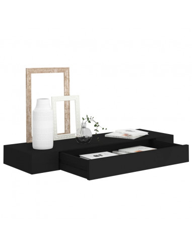 Mensola a Muro Galleggianti con Cassetto Nera 80x25x8 cm