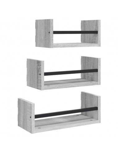 Set Mensole Parete con Aste 3pz Grigio Sonoma Legno Multistrato