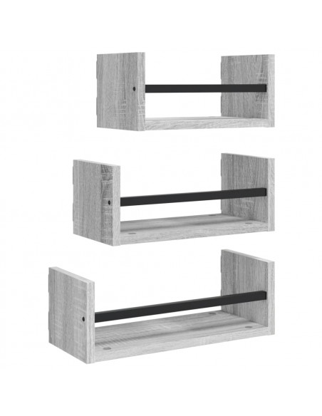 Set Mensole Parete con Aste 3pz Grigio Sonoma Legno Multistrato