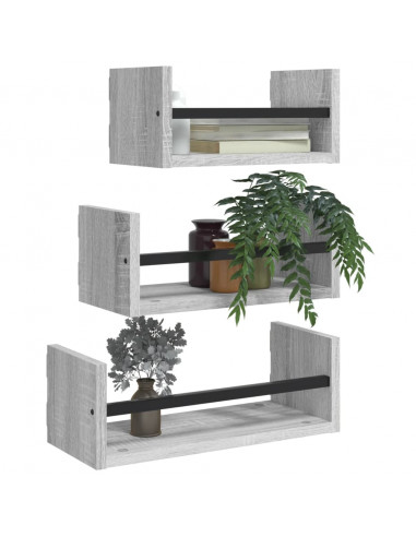 Set Mensole Parete con Aste 3pz Grigio Sonoma Legno Multistrato