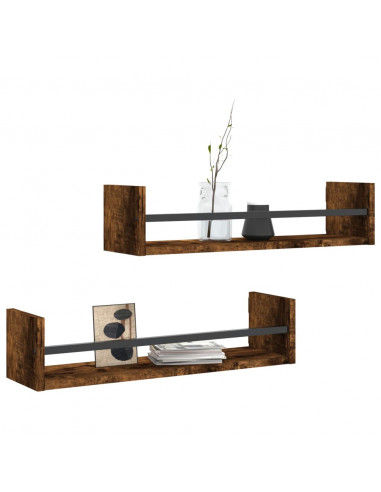 Mensole a Parete con Aste 2pz Rovere Fumo 60x16x14 cm