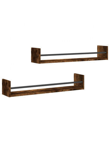 Mensole a Parete con Aste 2pz Rovere Fumo 80x16x14 cm