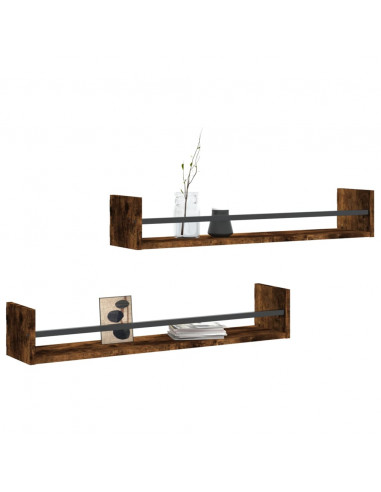 Mensole a Parete con Aste 2pz Rovere Fumo 80x16x14 cm