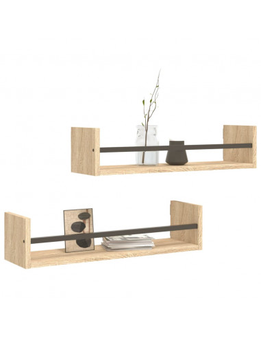 Mensole a Parete con Aste 2pz Rovere Sonoma 60x16x14 cm