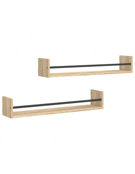 Mensole a Parete con Aste 2pz Rovere Sonoma 80x16x14 cm