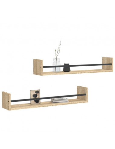 Mensole a Parete con Aste 2pz Rovere Sonoma 80x16x14 cm