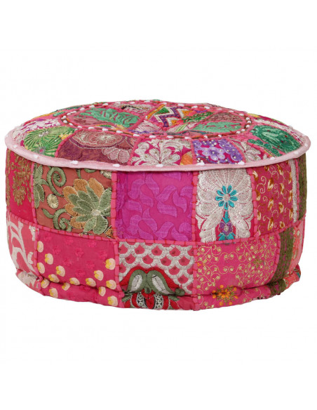 Pouf Patchwork Rotondo Fatto a Mano in Cotone 40x20 cm Rosa