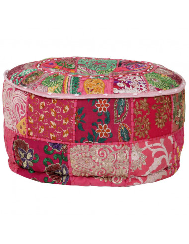 Pouf Patchwork Rotondo Fatto a Mano in Cotone 40x20 cm Rosa