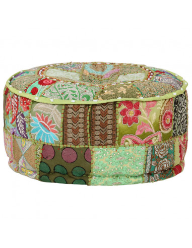 Pouf Patchwork Rotondo Fatto a Mano in Cotone 40x20 cm Verde
