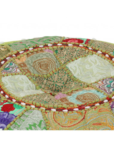 Pouf Patchwork Rotondo Fatto a Mano in Cotone 40x20 cm Verde