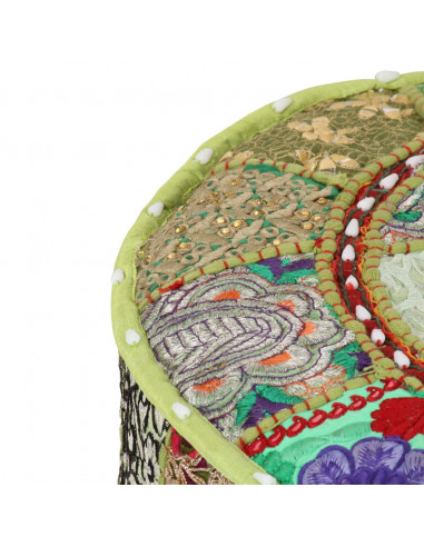 Pouf Patchwork Rotondo Fatto a Mano in Cotone 40x20 cm Verde