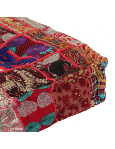Pouf Patchwork in Cotone Fatto a Mano Quadrato 50x50x12cm Rosso