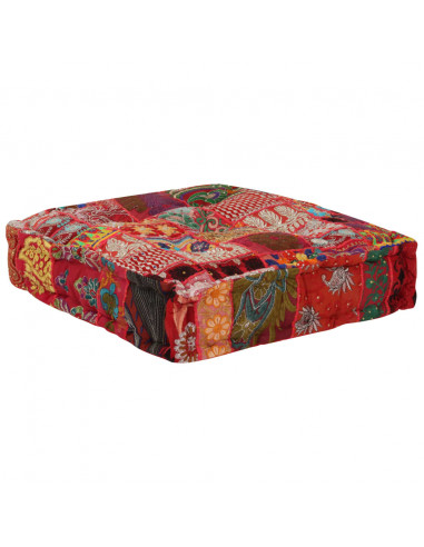 Pouf Patchwork in Cotone Fatto a Mano Quadrato 50x50x12cm Rosso