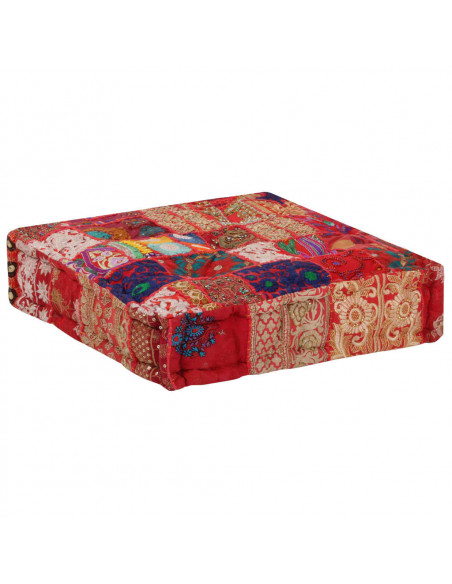 Pouf Patchwork in Cotone Fatto a Mano Quadrato 50x50x12cm Rosso