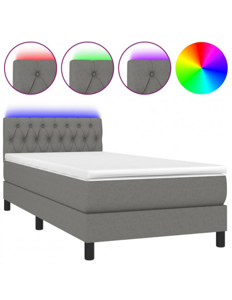 Letto a Molle Materasso e LED Grigio Scuro 100x200cm in Tessuto