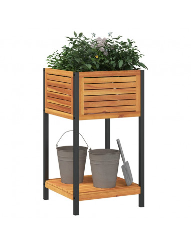 Fioriera con Ripiano 45x45x80 cm in Legno Acacia e Acciaio