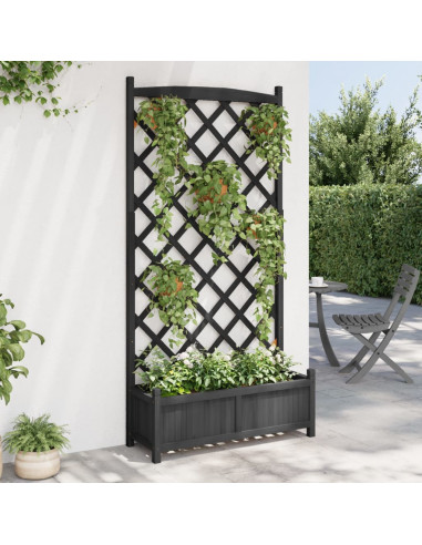 Fioriera con Traliccio Nera in Legno Massello di Abete