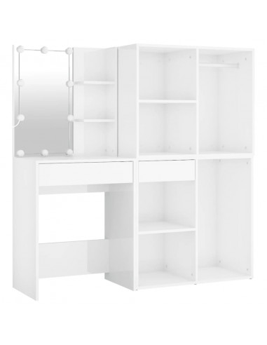 Toeletta LED con 2 Armadietti Legno Multistrato Bianco Lucido