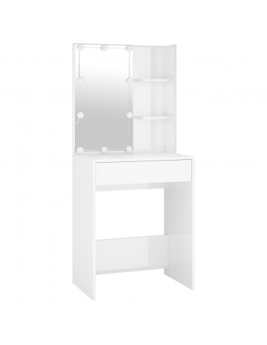 Toeletta LED con 2 Armadietti Legno Multistrato Bianco Lucido